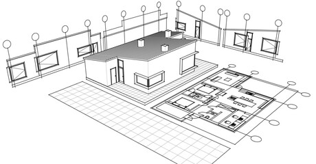  house sketch project facades plan 3d illustration