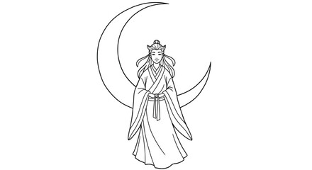 Coloring Page: Tsukuyomi, Japanese Moon God and Crescent Moon