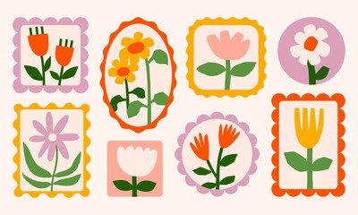 Vintage simple florals in retro frames vector illustration set. Flowers in vases postage stamps