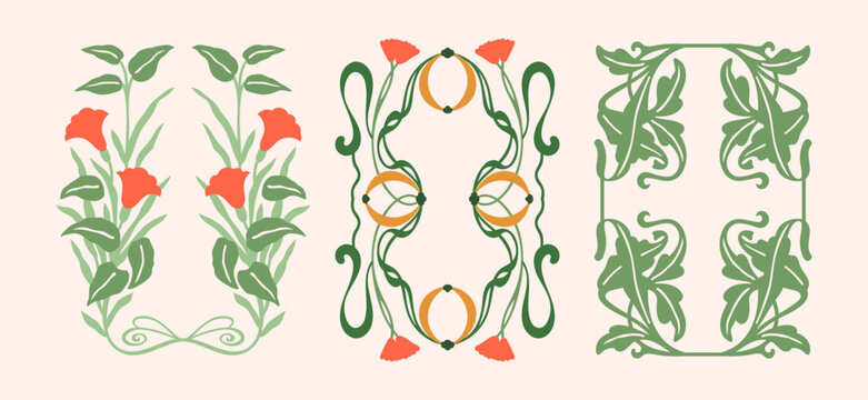 Art Nouveau style floral vector illustrations set. Vintage abstract florals and plants whimsical compositions and frames