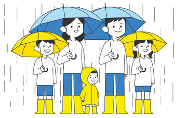 雨の中で傘をさしている家族5人