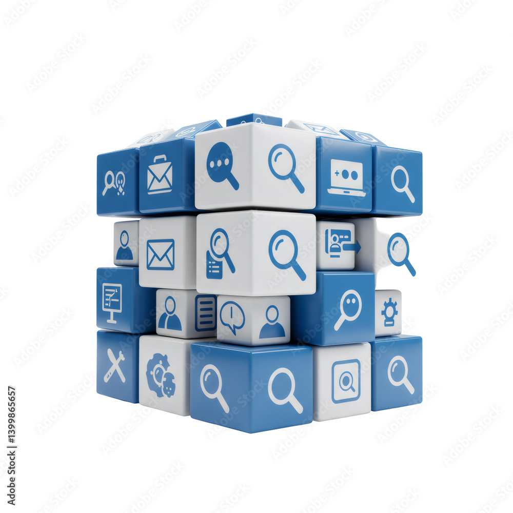 Poster abstract blue and white 3d cube with data icons