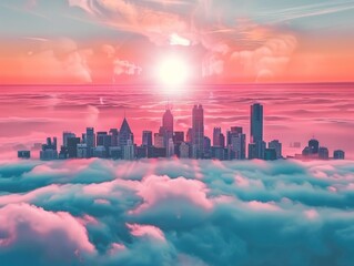 Skyscrapers and clouds bathed in a warm pink and blue sunset. Breathtaking cityscape and atmospheric beauty