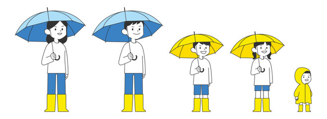 雨の中で傘をさしている大人と子ども