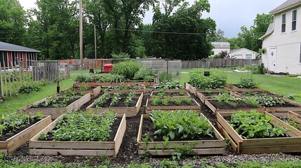 Abundant raised garden beds with various vegetables and plants growing in a backyard.