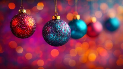 Fototapeta premium Vibrant Christmas ornaments with sparkling glitter decorating a festive scene with colorful bokeh light effects
