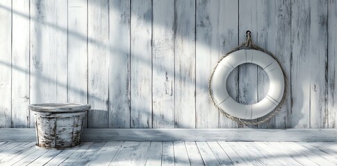 Rustic white wooden room features a life preserver and weathered bucket adding a nautical feel Perfect for coastal home decor or travel themed projects