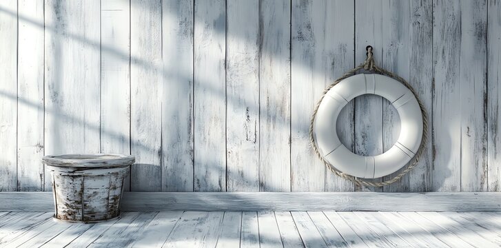 Rustic white wooden room features a life preserver and weathered bucket adding a nautical feel Perfect for coastal home decor or travel themed projects