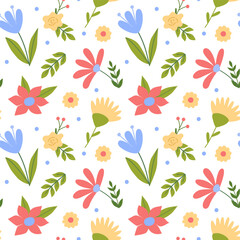 Seamless pattern with childish red blue flowers twigs plants on white background. Cute kids simple vector illustration