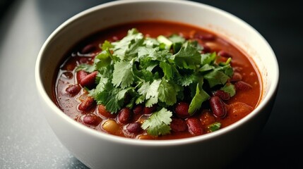 A warm bowl of spiced vegetarian chili with kidney beans and tomatoes, topped with fresh cilantro,