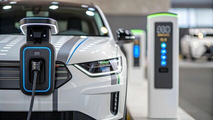 Robotaxi concept Electric vehicle charging at a modern station, showcasing sustainable transportation technology.