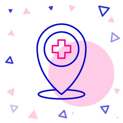 Obraz premium Line Medical map pointer with cross hospital icon isolated on white background. Colorful outline concept. Vector