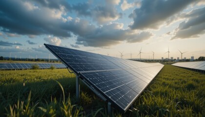 Solar Array and Wind Turbines in a Field, Renewable Energy Landscape Under Dramatic Sky