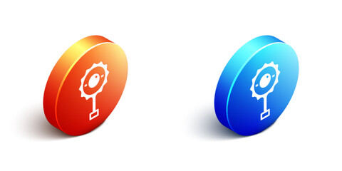 Obraz premium Isometric Rattle baby toy icon isolated on white background. Beanbag sign. Orange and blue circle button. Vector