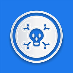 Paper cut Bones and skull as a sign of toxicity warning icon isolated on blue background. Paper art style. Vector