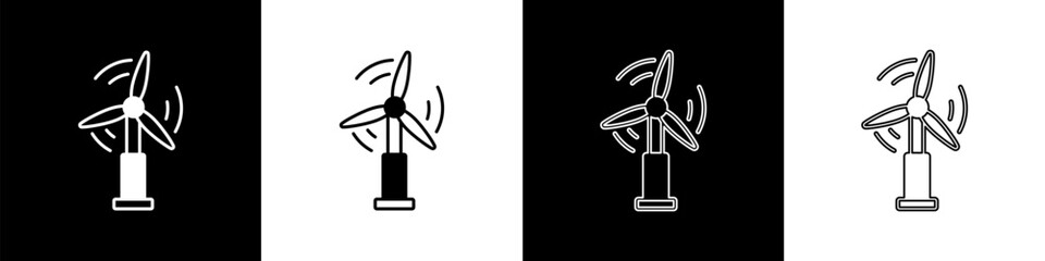 Set Wind turbine icon isolated on black and white background. Wind generator sign. Windmill for electric power production. Vector
