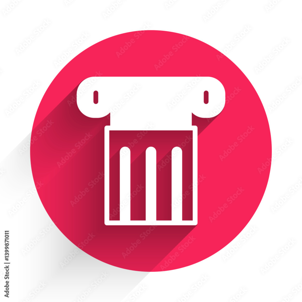 Poster white ancient column icon isolated with long shadow background. red circle button. vector