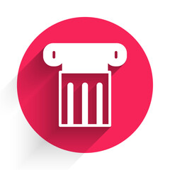 White Ancient column icon isolated with long shadow background. Red circle button. Vector