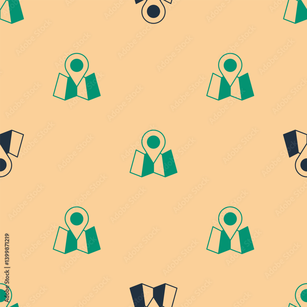 Poster green and black folded map with location marker icon isolated seamless pattern on beige background. 