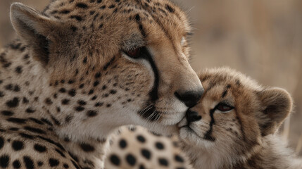 Fototapeta premium cheetah mother and cub hugging