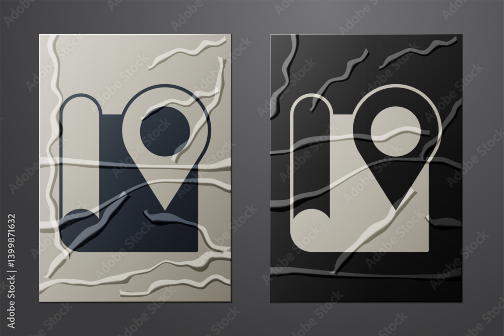 Aufkleber white folded map with location marker icon isolated on crumpled paper background. paper art style. v
