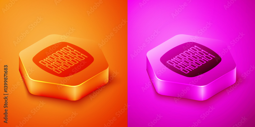 Poster isometric binary code icon isolated on orange and pink background. hexagon button. vector