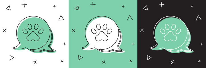 Set Paw print icon isolated on white and green, black background. Dog or cat paw print. Animal track. Vector