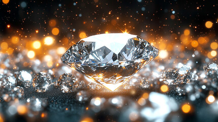 Fototapeta premium A large, faceted diamond sparkles in the foreground, surrounded by smaller gems on a dark surface. 