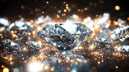 Fototapeta premium A large, faceted diamond sparkles in the foreground, surrounded by smaller gems on a dark surface. 