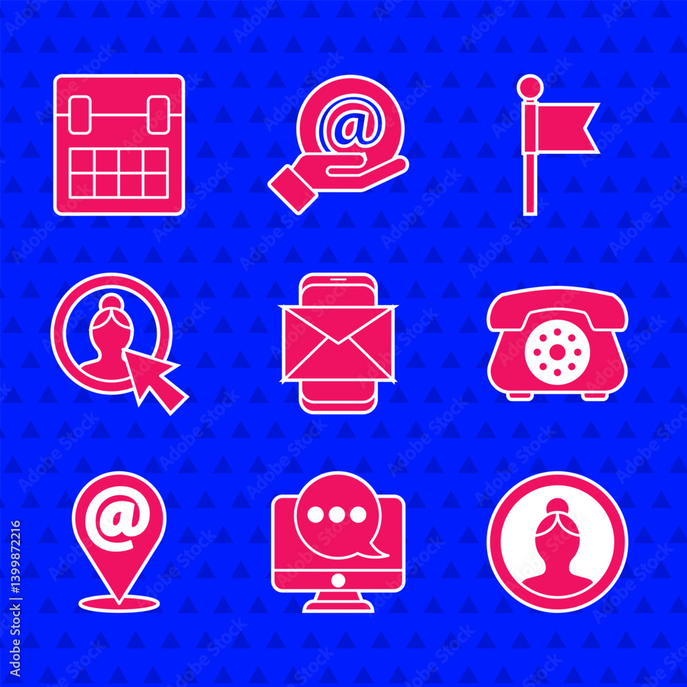 Poster set mobile and envelope, chat messages notification on monitor, create account screen, telephone, lo