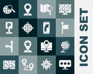 Set Map pointer with star, Earth globe, Location marker, Search location, World compass, Parking, Magnifying glass and City map navigation icon. Vector