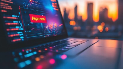 Approved digital transaction on laptop at sunset