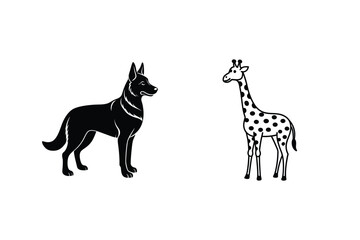 Minimalist Black And White Illustration Of A Dog And Giraffe On A Plain Background