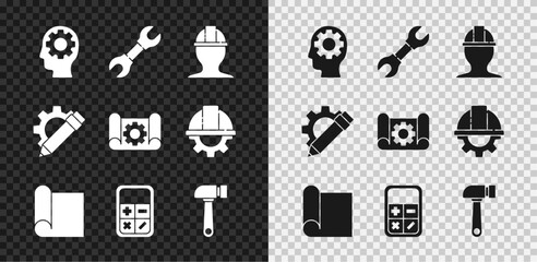 Set Human head with gear inside, Wrench spanner, Worker safety helmet, Graphing paper for engineering, Calculator, Hammer, Pencil and and icon. Vector