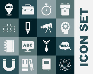 Set Atom, Idea, speech bubble, Head with gear inside, Stopwatch, Marker pen, Chemical formula, Alphabet and Telescope icon. Vector
