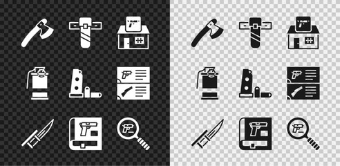 Set Wooden axe, Knife holster, Hunting shop weapon, Bayonet rifle, Book with pistol or gun, Pistol search, Hand smoke grenade and Gun magazine bullets icon. Vector
