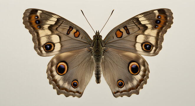 Close-up of a mounted Grayling butterfly specimen, displaying the intricate brown, black, and white patterns of its wings, isolated view.