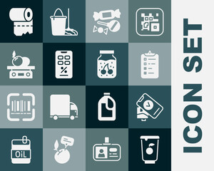 Set Yogurt container, POS terminal, Shopping list, Candy, Percent discount mobile, Electronic scales for product, Toilet paper roll and Jam jar icon. Vector