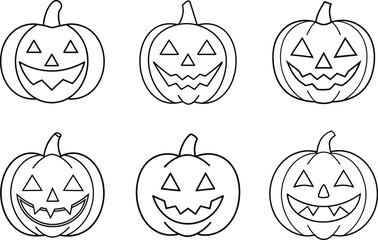 Set of Jack-o'-Lantern Line Art Illustrations – Halloween Pumpkin Outline Vector Collection