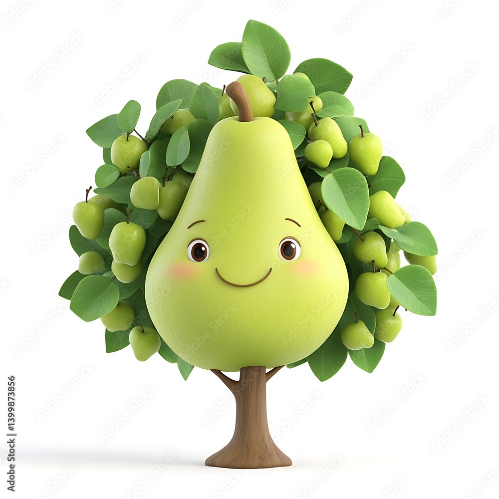 Poster joyful pear tree: a charming pear tree with a smiling pear face and vibrant green foliage, embodying