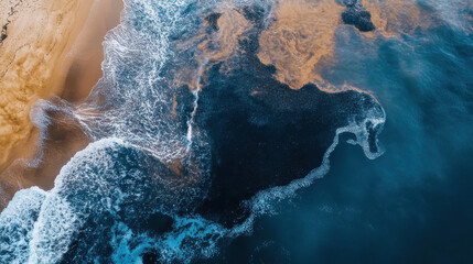 Fototapeta premium Ocean waves gently roll onto a sandy beach while the early morning sun paints the sky in warm orange and blue hues. The shoreline creates a tranquil atmosphere at dawn
