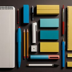 A minimalist overhead shot of stationery items arranged neatly on a modern desk.
