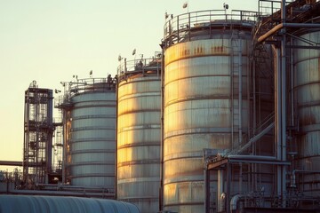 Industrial storage tanks at a refinery at sunset.  Large metal tanks,  piping, and equipment are prominent features