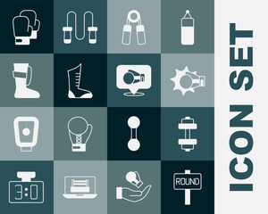 Set Boxing ring board, Dumbbell, Punch boxing glove, Sport expander, shoes, and icon. Vector