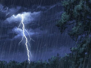 Dramatic thunderstorm painting depicts lightning bolts, dark clouds, and heavy rain over trees