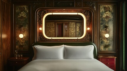 A luxuriously appointed bedroom with ornate wood paneling and a decorative mirror.