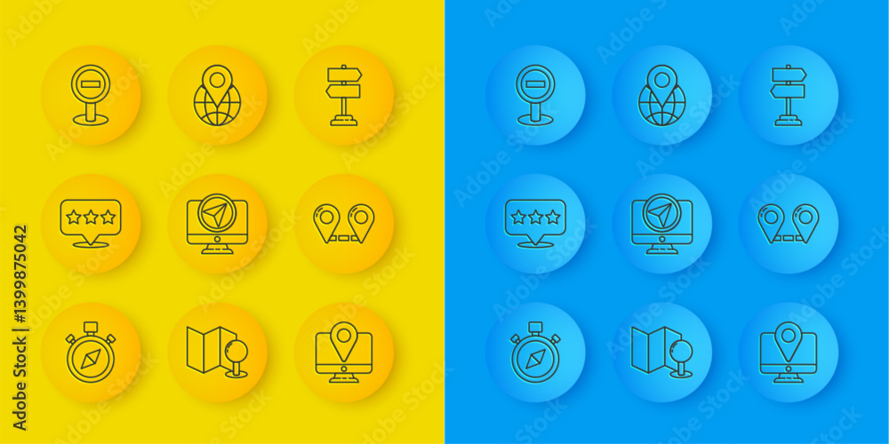 Poster set line compass, map pointer with star, monitor location marker, route, stop sign, road traffic and