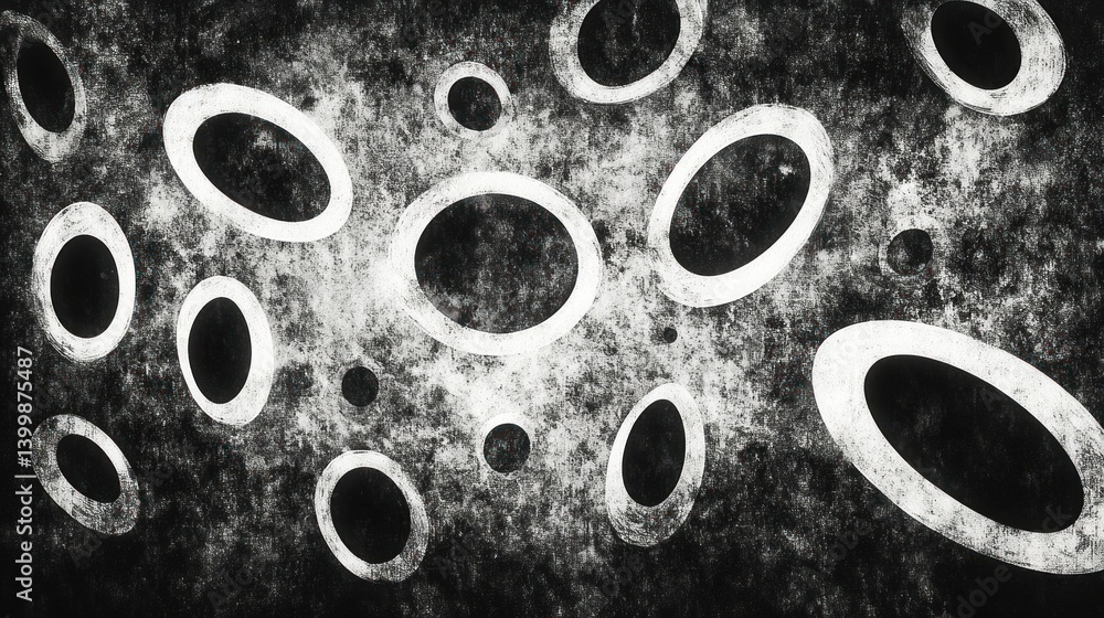 Poster abstract black and white textured design with overlapping oval shapes.
