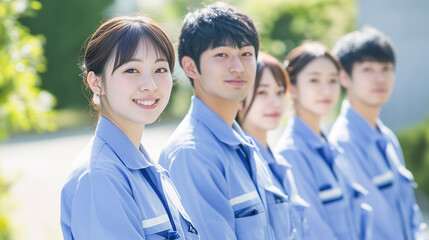 Fototapeta premium Oriental men and women in work clothes standing side by side smiling outdoors.