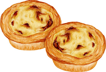 Portuguese Egg Tart Watercolor Illustration